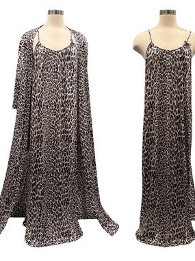 Vintage Vanity Fair Silky Nylon Leopard Print Maxi Gown Slip & Robe 2PC Set M